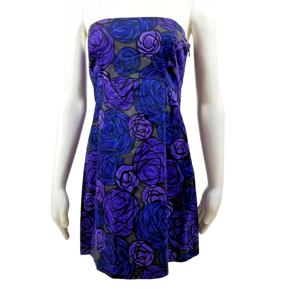 Theory Conie Strapless Rose Floral Mini Dress Purple Blue Size 6